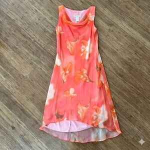 Vtg Alyn Paige Coral Floral Chiffon High-Low Midi Dress | Size 9/10
